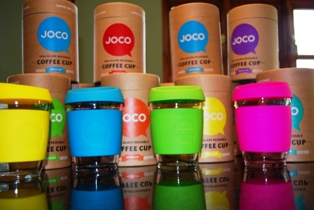 Joco reusable glass coffee cup in pink green blue yellow red purple lime mint and orange